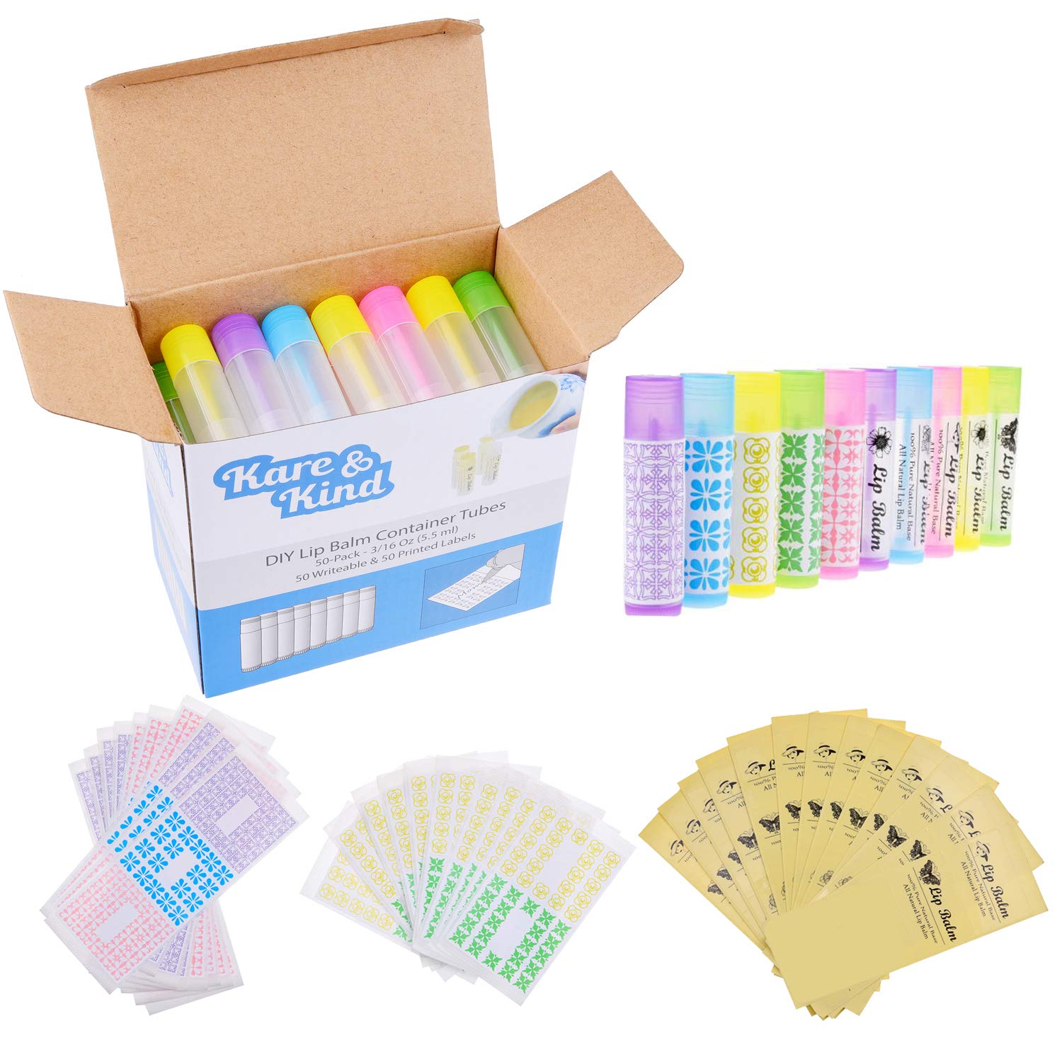 Lip Balm Container Tubes - 50-Pack (10x5 colors) - DIY - 3/16 Oz (5.5 ml) - Including 50 Writeable (10x5 colors) & 50 Printed Lip Balm Stickers - Twist Mechanism and a Cap - Empty - Make Lip Balm